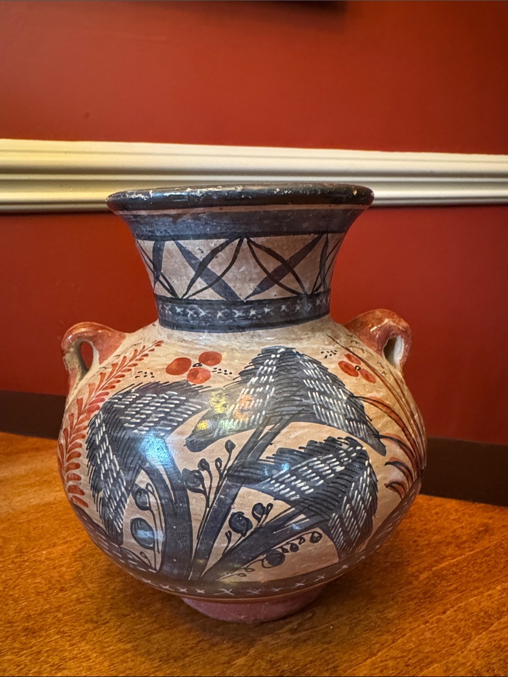Hand-Painted Terracotta Decorative Vase in Red, Black and Cream